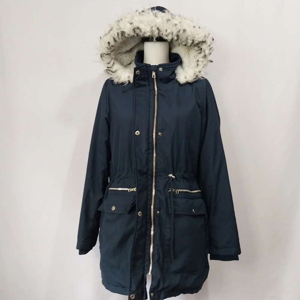 Tiffosi Navy Blue Hooded White Faux Fur Zip Up Button Down Long Sleeve Jacket M - Picture 6 of 15